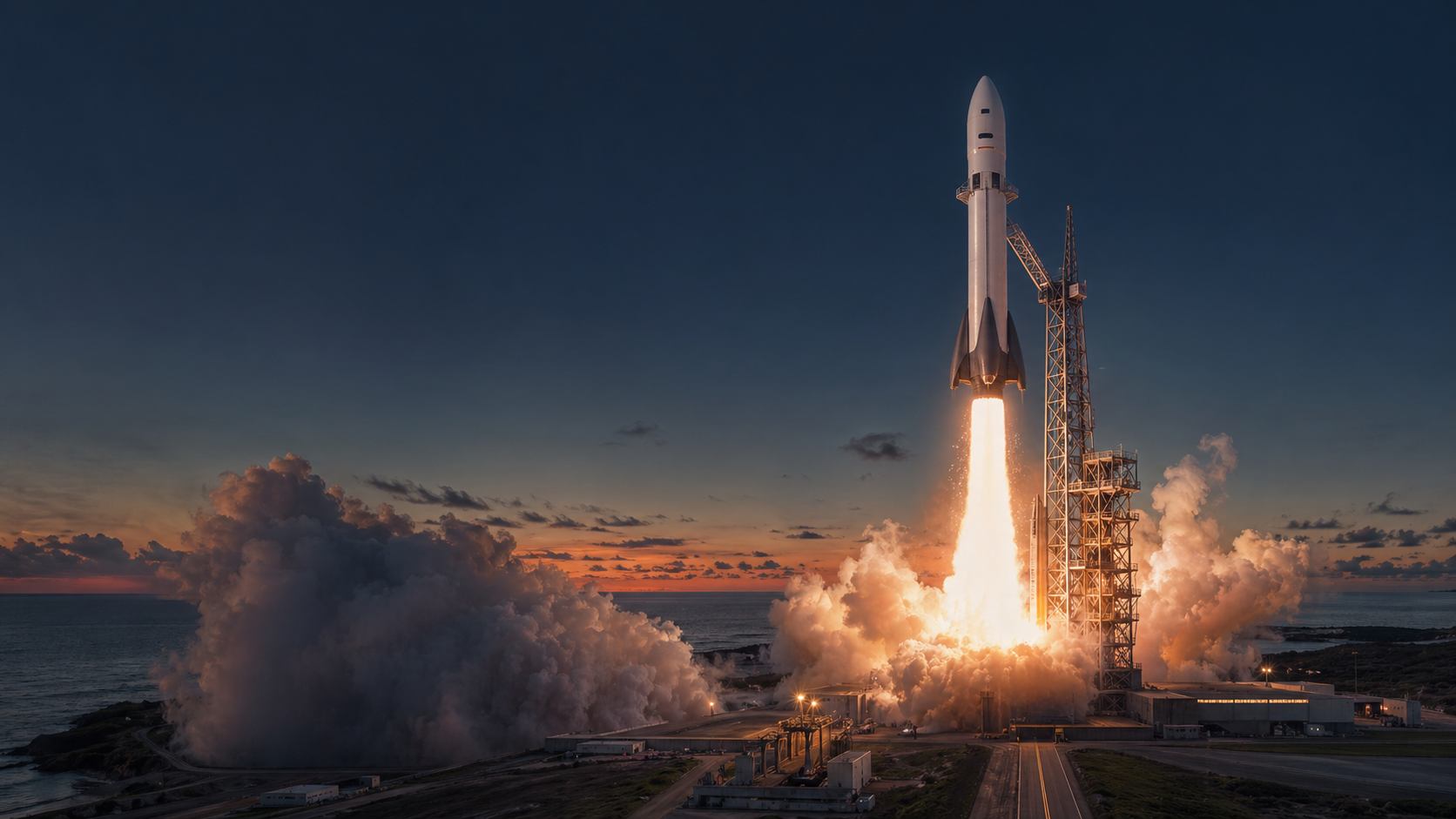 Reusable rocket launch at dusk